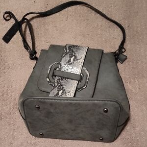 Treska Gray Backpack-Style Crossbody with Snake-Print Strap